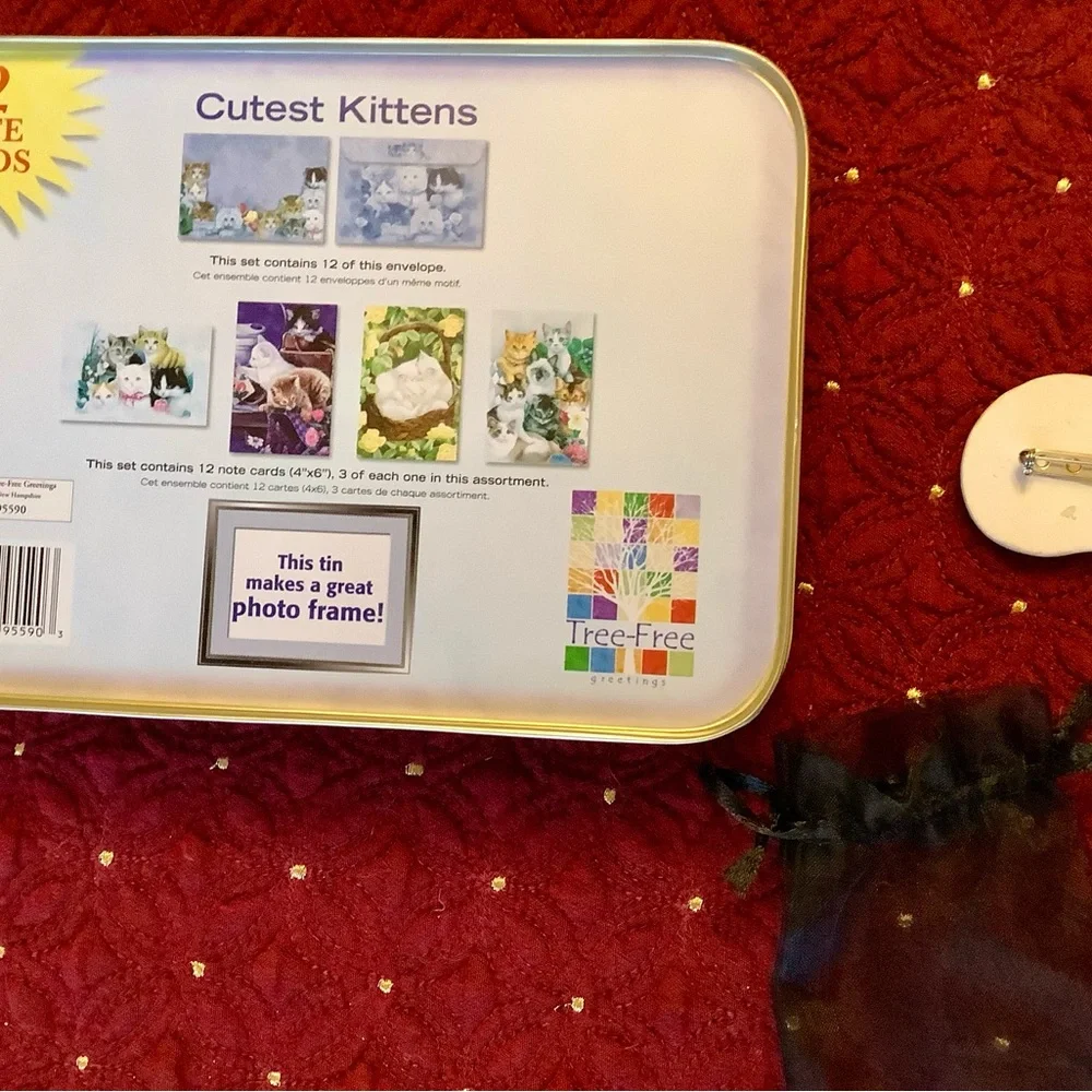 Cat lovers tin, and opal ceramic cat pin with gift bag.